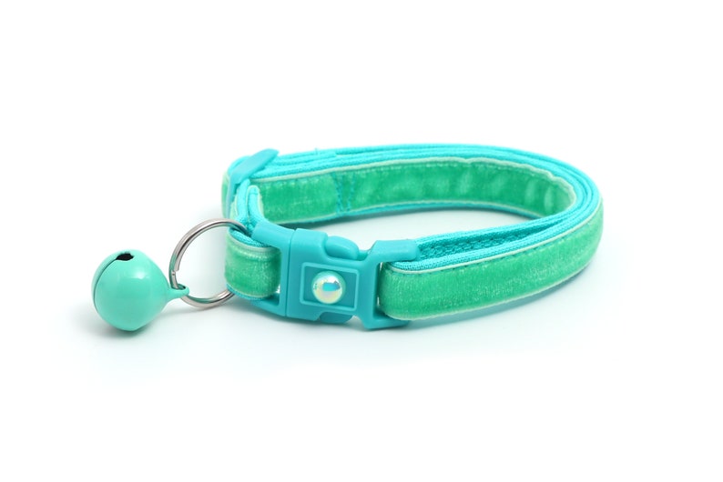 Soft Velvet Cat Collar Aqua Turquoise Blue Green Kitten or Large Size B9D222 Jingle Bell