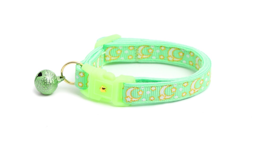 Moon Cat Collar Gold Moons and Stars on Mint Green Breakaway Cat Collar