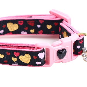 Valentines Day Cat Collar - Raining Hearts on Black - Breakaway Safety - B154D62