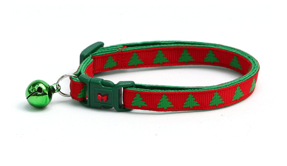 Christmas Cat Collar - Green Christmas Trees on Red - Kitten or Large Size
