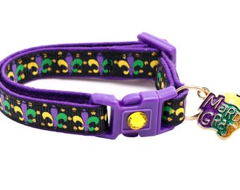 Mardi Gras Cat Collar - Fleur De Lys on Black - Breakaway Cat Collar - Kitten or Large size B28D13