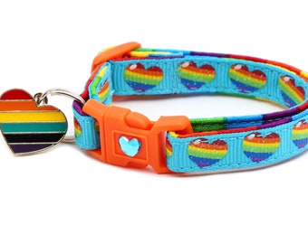 Pride Cat Collar - Rainbow Hearts on Blue - Safety - Breakaway - B8D255
