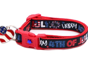4th of July Cat Collar - Happy Fourth of July on Black - Breakaway - Safety - B62D95
