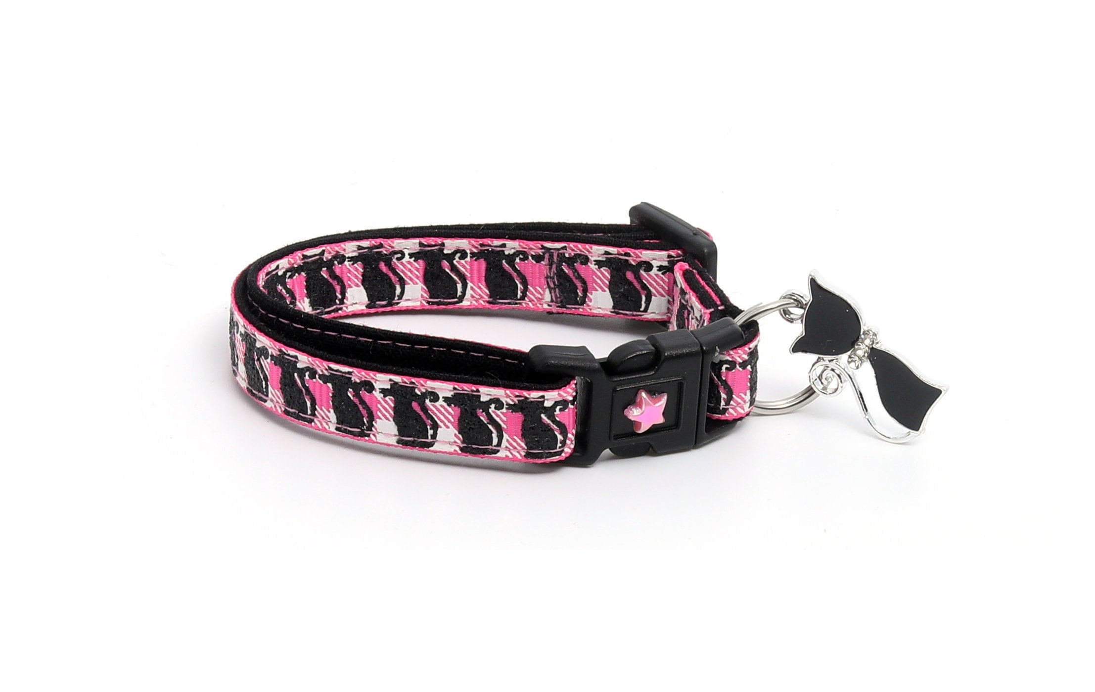 Halloween Cat Collar Glittering Black Cats on Pink Plaid Etsy