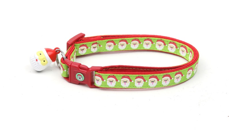 Christmas Cat Collar Jolly Santa Faces on Green Kitten or Large Size B116D48