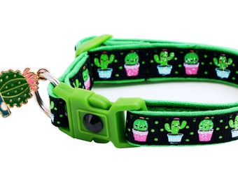 Cactus Cat Collar - Cute but Prickly on Black - Breakaway Safety - B34D126