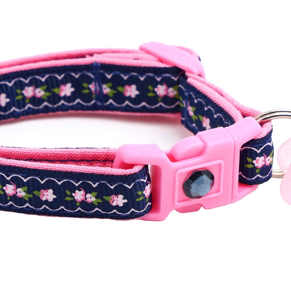 Floral Cat Collar - Pink Flowers and Lace on Navy Blue - Breakaway Safety - B19D54