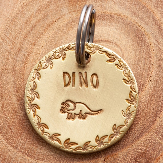 Dinosaur Pet ID Tag Cat or Dog Name Tag Triceratops | Etsy