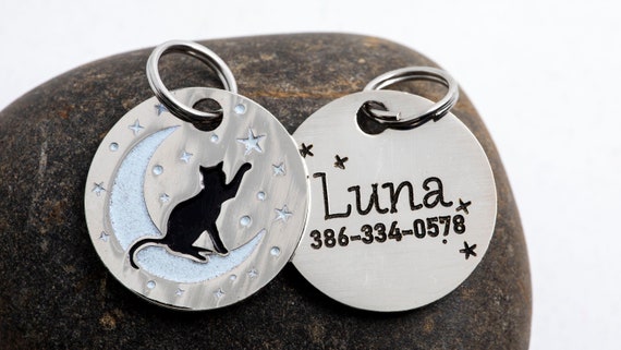Deep Engraved Moon Cat ID Tag with Subtle Glow-in-the-dark (Silver-tone)