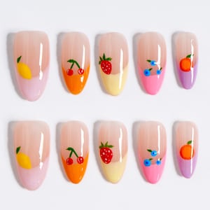 Fruity Press On Nails | Summer Fruit Nail Art | Hand Painted Fake Nails | Strawberry Cherry Lemon Nails | Almond Shape | Kawaii Nail Design