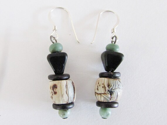 White clay Ghanaian painted glass accent bead earrings
