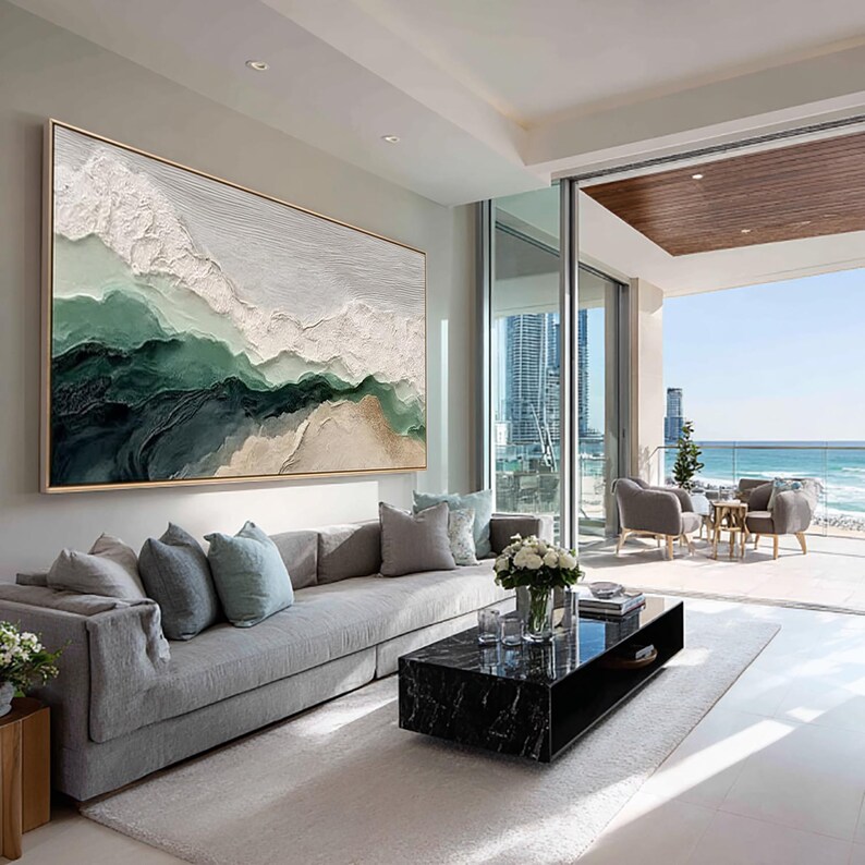 Sage Green Beige Minimalist Beach Painting Large 3D Textured Wall Art ...