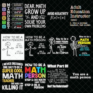 Puede incluir: Fondo negro con texto blanco y colorido sobre matemáticas, incluyendo "Querida matemática, crece", "Cómo ser una persona de matemáticas" y "Profesor de matemáticas súper genial". La imagen también presenta símbolos y ecuaciones matemáticas.