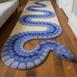 Tufted Blue Snake Rug, Coiled Serpent Carpet, Statement Animal Decor