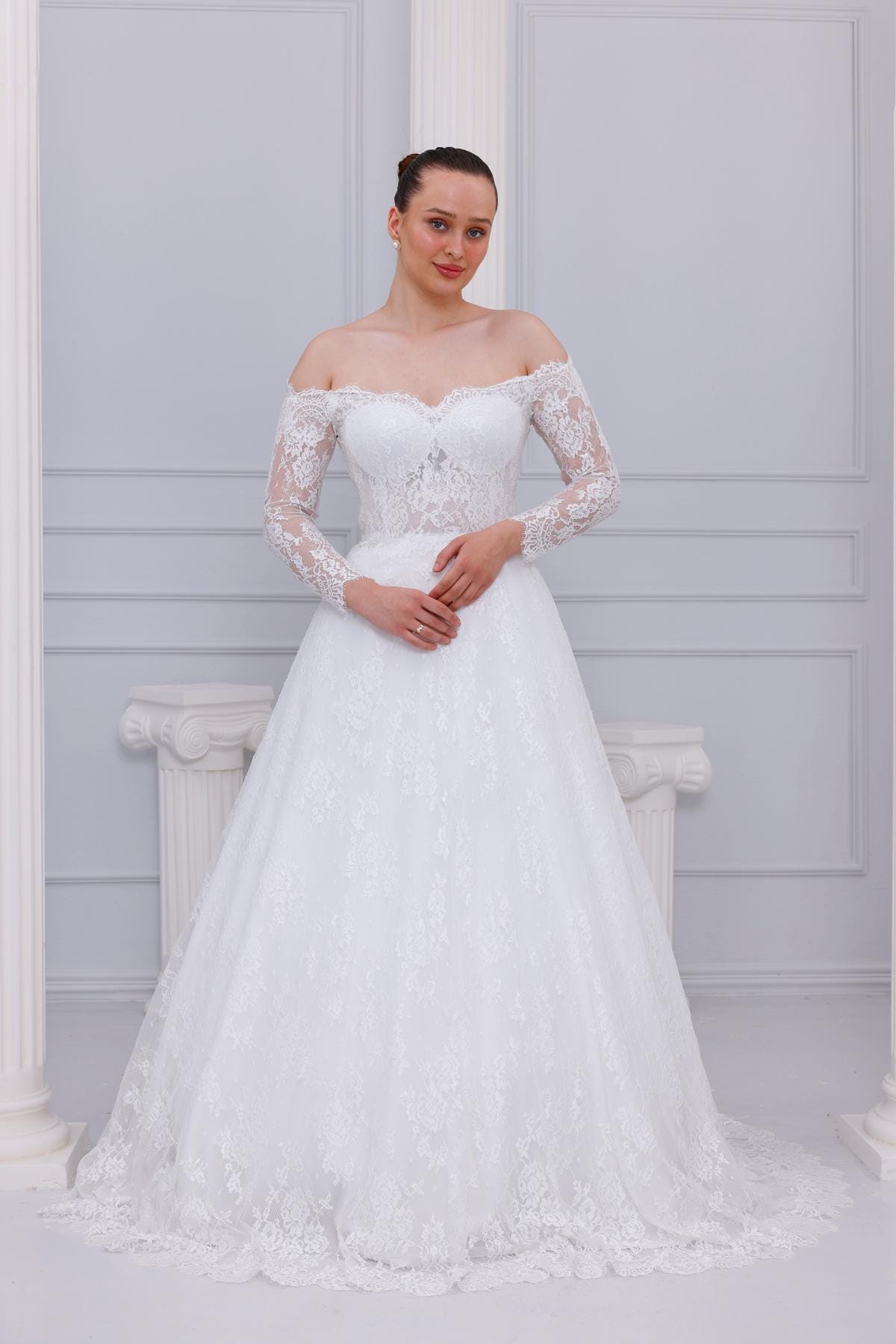 Custom Size Off Shoulder French Lace Transparent Helen Bridal Gown – Elegant Tulle Bridal Gown with Romantic Sheer Sleeves, Wedding Dress