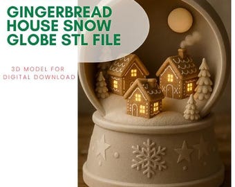 Puede incluir: Un globo de nieve beige con casas de jengibre, árboles y una luna. La base tiene diseños de estrellas y copos de nieve. El texto dice "GINGERBREAD HOUSE SNOW GLOBE STL FILE" y "3D MODEL FOR DIGITAL DOWNLOAD".
