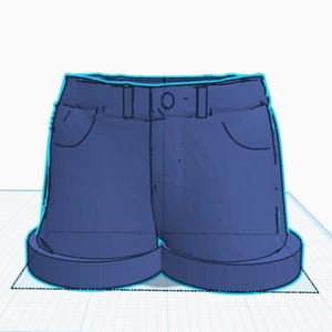 May include: A pair of blue denim shorts with a button closure, belt loops, and front and back pockets. The shorts have a rolled hem and a classic five-pocket design. The shorts are a solid blue color.