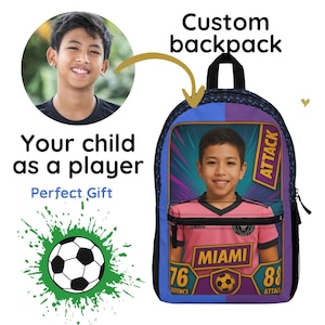 Your Childs Face on a Soccer Backpack - Custom Football School Bag with Player Card Look