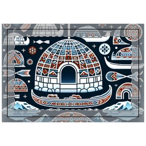 Könnte beinhalten: Digitale Illustration mit einem Iglu, einem Boot und anderen dekorativen Elementen. Das Iglu ist weiß mit einem geometrischen Muster in Blau und Rot. Das Boot ist rot und weiß mit einem ähnlichen Design. Der Hintergrund ist dunkelblau mit sich wiederholenden Iglu-Formen.