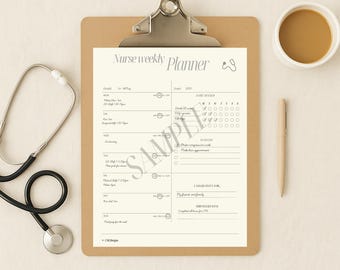 May include: A nurse weekly planner on a clipboard with a stethoscope and a cup of coffee. The planner has a cream-colored background with a weekly schedule, a habit tracker, and space for notes. The text "Nurse weekly Planner" is at the top.
