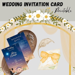 Cartão de Casamento Noite Estrelada | Convite de Casamento Celestial para Imprimir com Lua e Estrelas | Modelo Digital para Download