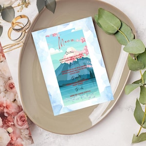Ocean Mountain Sakura Wedding Card – Elegant Destination Theme with Japanese Cherry Blossoms