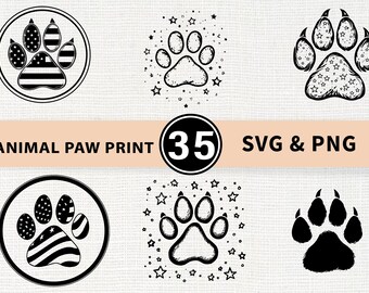 Animal Paw Print Silhouette SVG Bundle | Dog Cat Paw PNG Cricut
