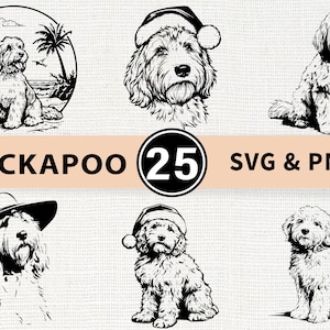 Puede incluir: Una colección de ilustraciones en blanco y negro de perros Cockapoo en varias poses, incluyendo una con un gorro de Papá Noel y otra con un fondo de escena de playa. También se incluye el texto "COCKAPOO 25 SVG & PNG".