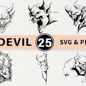 Puede incluir: Ilustraciones en blanco y negro de caras y figuras de demonios. La imagen incluye varias representaciones de demonios con cuernos, dientes afilados y expresiones amenazantes. El texto dice "DEVIL 25 SVG & PNG".