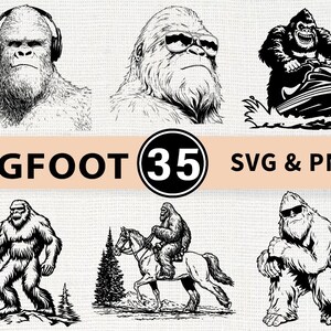 May include: Black and white Bigfoot illustrations. One image shows Bigfoot with headphones, another with sunglasses, and a third riding a jet ski. The text "BIGFOOT 35 SVG & PNG" is also included.