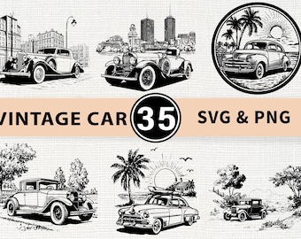 May include: Black and white illustrations of vintage cars in various settings. The image includes classic car designs with cityscapes, palm trees, and beach scenes. Text reads "VINTAGE CAR 35 SVG & PNG".