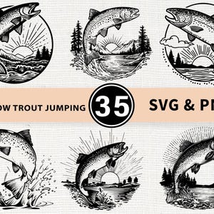 Könnte beinhalten: Schwarz-Weiß-Illustrationen von springenden Regenbogenforellen. Jedes Design zeigt einen Fisch, der aus dem Wasser springt, mit Elementen wie Bergen, Bäumen und Sonnenstrahlen. Text enthält "Rainbow Trout Jumping", "35" und "SVG & PNG".