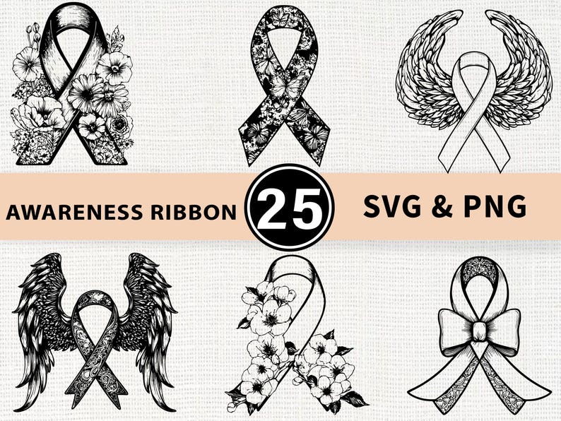 Cause Ribbon Awareness Ribbon Silhouette SVG Bundle | Support Cause Ribbon PNG ...