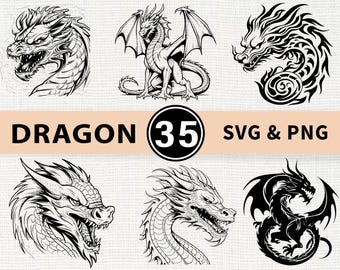 Dragon Silhouette SVG PNG Bundle, Fantasy Mythical Clipart, Medieval Beast Cut Files, Gothic Vector