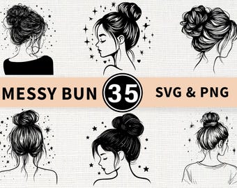 Messy Bun Silhouette SVG PNG-paket, mammaliv Clipart, kvinnahårklippningsfiler, modevektor, dekaler