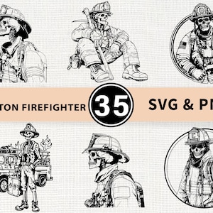 Skeleton Firefighter Silhouette SVG PNG Bundle, Halloween Clipart Vector, Cricut Cut Files