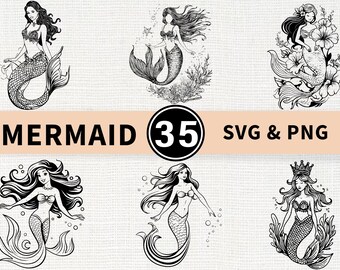 Mermaid Silhouette SVG PNG Bundle, Fantasy Ocean Clipart, Sea Girl Cut Files, Underwater Vector