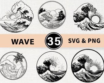 Wave Silhouette SVG Bundle | Ocean Sea Surf Wave PNG Cricut