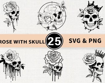 Rose with Skull Silhouette SVG Bundle | Gothic Floral Skull PNG