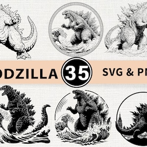 Peut inclure: Ensemble de graphiques SVG et PNG sur le thème de Godzilla. Les images présentent Godzilla dans diverses poses, certaines avec des vagues océaniques et des paysages urbains. Les dessins sont en noir et blanc, avec le mot "GODZILLA" et le chiffre "35".