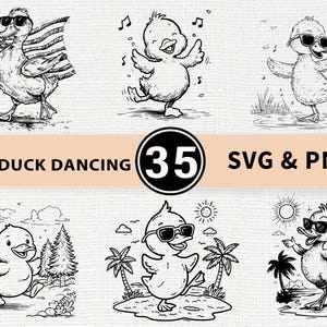 Könnte beinhalten: Schwarz-Weiß-Illustrationen von tanzenden Enten mit Sonnenbrillen. Eine Ente hält eine Flagge. Der Text lautet "CUTE DUCK DANCING" und "35 SVG & PNG".