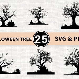 May include: A collection of six black silhouette images of Halloween trees. Each tree has a unique shape and design, some with haunted houses, pumpkins, and tombstones. The text "HALLOWEEN TREE 25 SVG & PNG" is displayed.