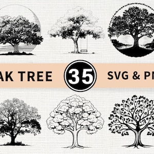 May include: Black and white illustrations of oak trees in various styles. The image includes the text "OAK TREE 35 SVG & PNG" in a banner. The illustrations depict different oak tree designs, some within circles.