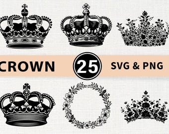 May include: A collection of six black and white crown designs. The word "CROWN" is displayed above a circle with the number "25" inside. The text "SVG & PNG" is also present. The crowns vary in style, including floral and traditional designs.