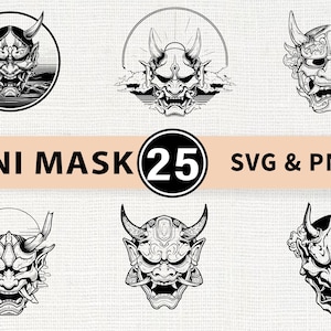 May include: Six black and white illustrations of Oni masks, each with a unique design featuring horns and detailed facial features. The image includes the text "ONI MASK 25 SVG & PNG".