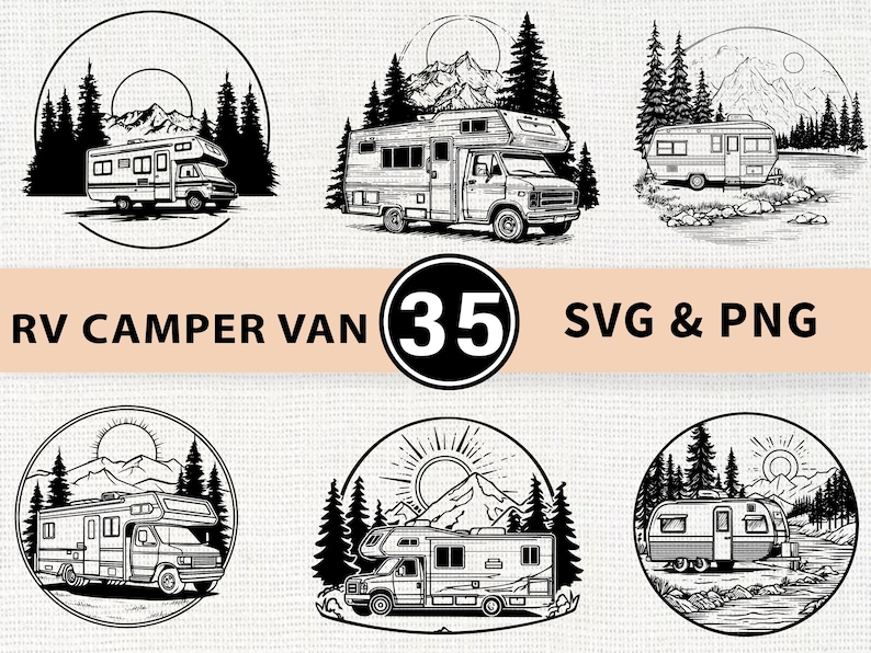 RV Camper Van Silhouette SVG PNG Bundle, Travel Clipart Vector, Cricut ...