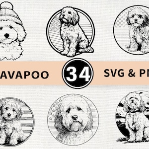 May include: Black and white Cavapoo dog illustrations in various poses, including one wearing a knit hat. The image includes the text "CAVAPOO 34 SVG & PNG". The illustrations are in circular frames.