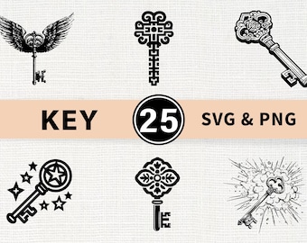 キーSVG PNGバンドル、ヴィンテージスケルトンキークリップアート、Cricutカットファイル