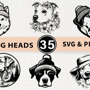 May include: Black and white illustrations of dog heads, including a husky wearing a beanie, a pit bull with a floral crown, and a dog with a hat. The image also includes the text "DOG HEADS 35 SVG & PNG".