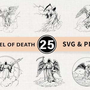 May include: A collection of six black and white illustrations featuring the Angel of Death. The images depict the Grim Reaper with a scythe, angels, and the text "ANGEL OF DEATH 25 SVG & PNG". The illustrations are in a vintage style.